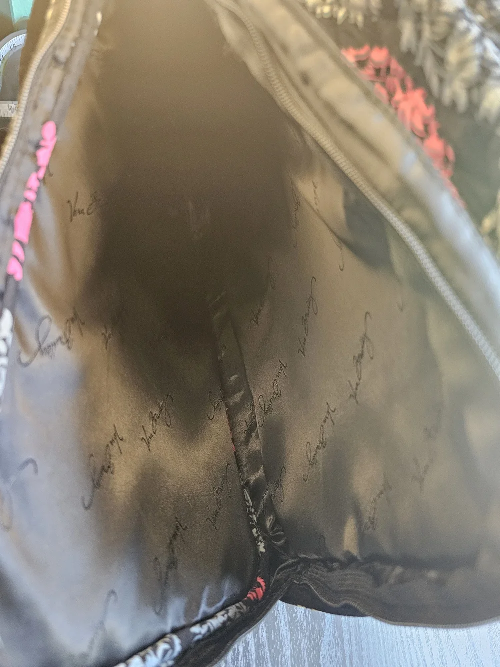 Vera Bradley Black Quilted Backpack with Pink & Gray Leaf Print OS